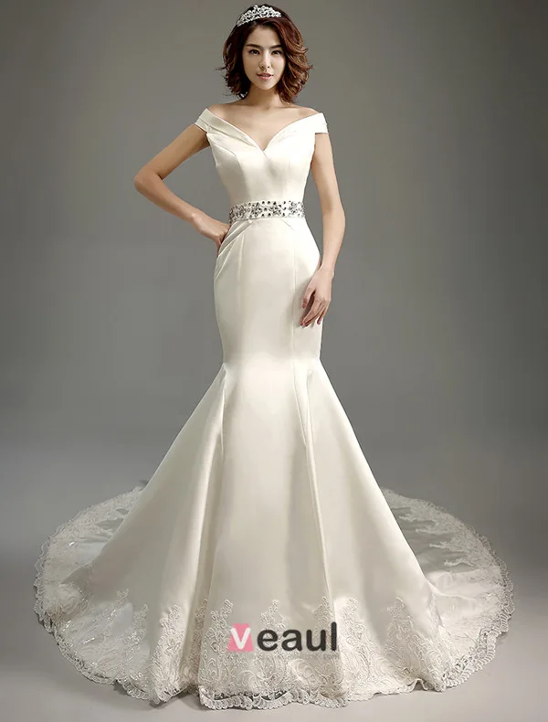 Mermaid Off The Shoulder Deep V-neck Beading Rhinestones Sash Ivory Satin Wedding Dress