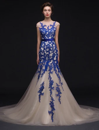 Sirène Encolure Carrée Robe De Soirée Royale Dentelle Bleue Champagne En Organza