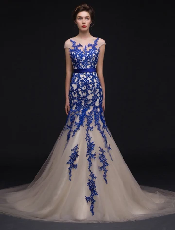 Meerjungfrau Quadratischen Ausschnitt Royalblau Spitze Champagner Organza Abendkleid