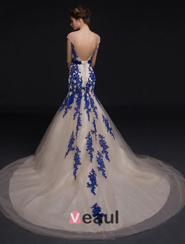 Mermaid Square Neckline Royal Blue Lace Champagne Organza Evening Dress