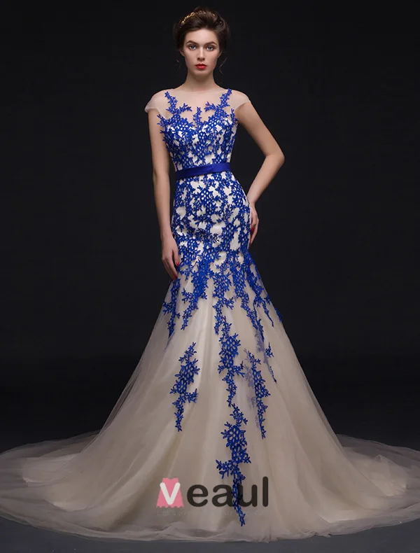 Mermaid Square Neckline Royal Blue Lace Champagne Organza Evening Dress