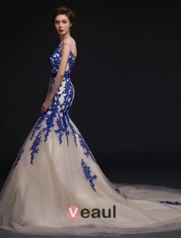 Mermaid Square Neckline Royal Blue Lace Champagne Organza Evening Dress