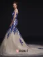 Mermaid Square Neckline Royal Blue Lace Champagne Organza Evening Dress