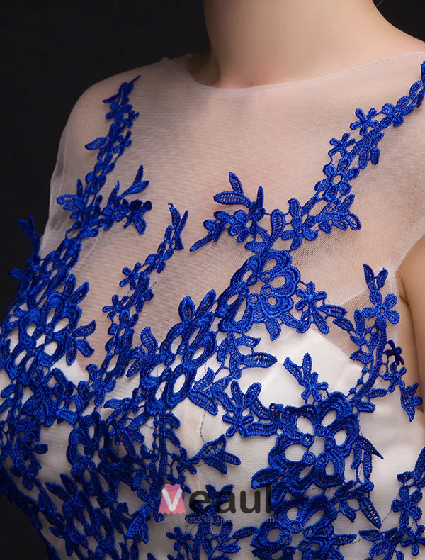 Mermaid Square Neckline Royal Blue Lace Champagne Organza Evening Dress