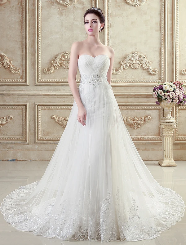 Havfrue Kjæreste Appliques Blonder Bånd Perlebesydd Krystall Tyll Lang Elegant Brudekjoler