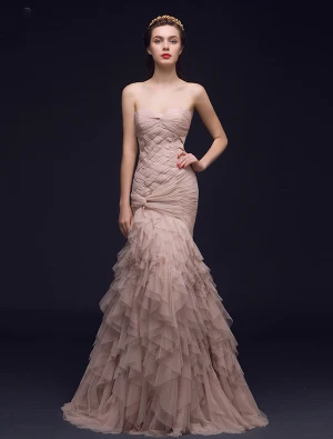Havfrue Kjæreste Ryggløse Veve Gripende Ruffles Champagne Organza Selskapskjoler