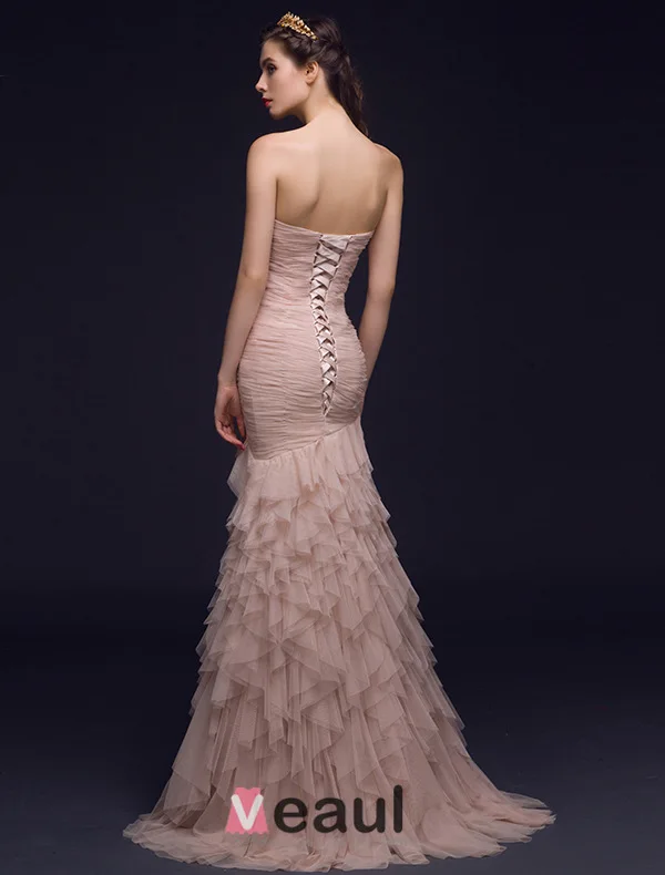 Havfrue Kjæreste Ryggløse Veve Gripende Ruffles Champagne Organza Selskapskjoler