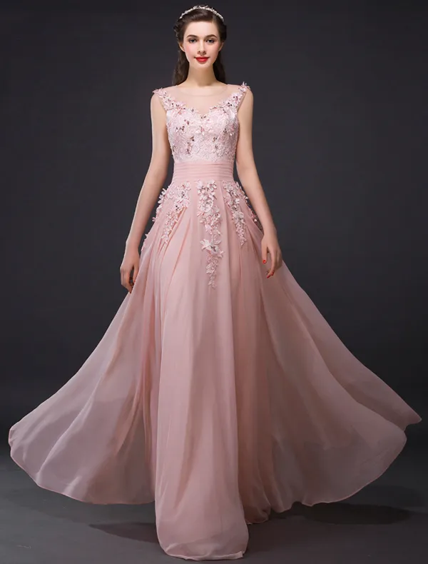A-line Empire Scoop Neck Backless Applique Lace Crystal Pink Evening Dress