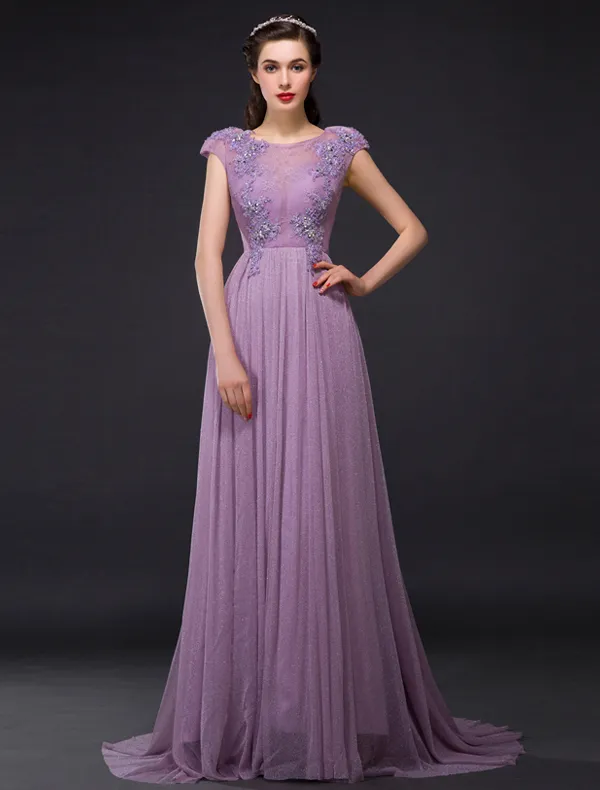 Princess Empire Pierced Crystal Applique Lace Diamond Silk Purple Evening Dress