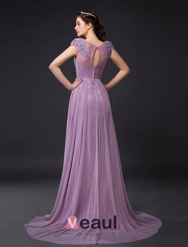 Princess Empire Pierced Crystal Applique Lace Diamond Silk Purple Evening Dress