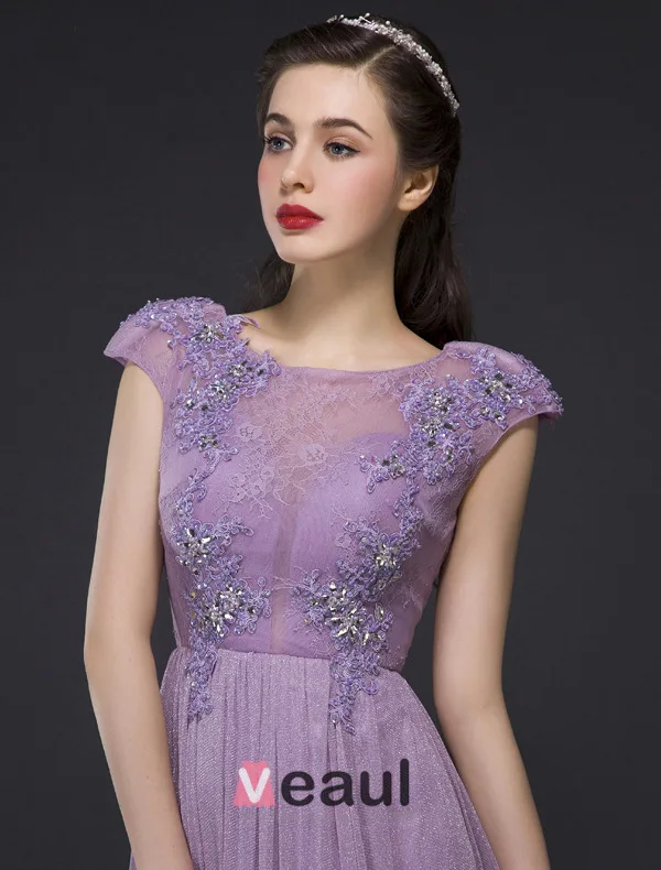 Princess Empire Pierced Crystal Applique Lace Diamond Silk Purple Evening Dress