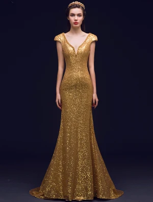 Sirène Brillant Profond Backless V Cou Paillettes D Or Longue Robe De Soirée