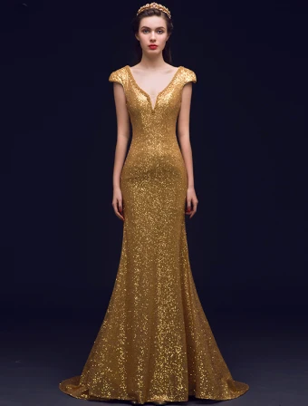 Sparkly Mermaid Deep V Neck Backless Gold Sequin Long Evening Dress