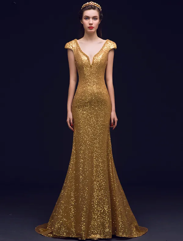 Prickelnde Meerjungfrau Tiefem V-ausschnitt Rückenfreie Gold Pailletten Lange Abendkleider