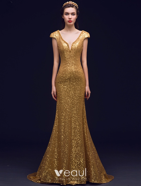 Sparkly Mermaid Deep V-neck Backless Gold Sequin Long Evening Dress Sparkly Mermaid Deep V-neck Backless Gold Sequin Long Evening Dress