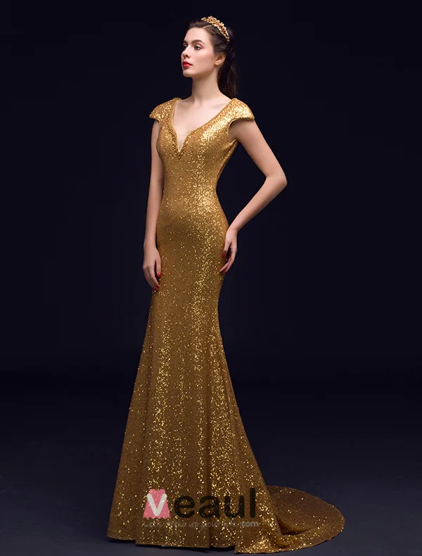 Sparkly Mermaid Deep V-neck Backless Gold Sequin Long Evening Dress