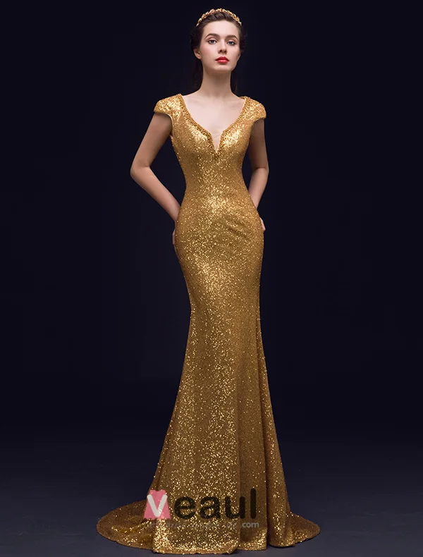 Sparkly Havfrue Dyp V-hals Ryggløse Gull Sequin Lange Selskapskjoler