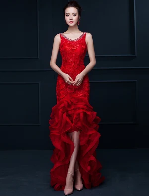 Sirène Glamour Longue Robe De Soirée Rouge Fleur En Organza Robe De Ceremonie Avec Strass