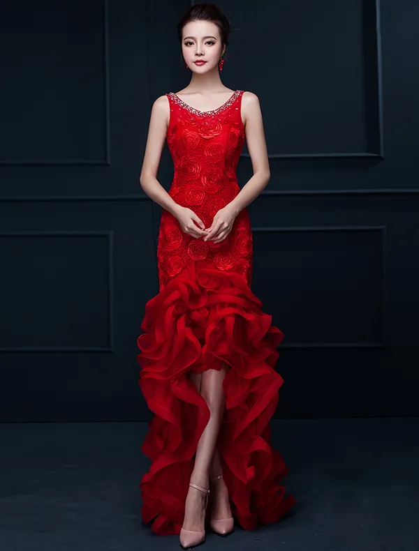 Glamorous Mermaid Red Long Evening Dress Flower Organza Party Dress With Rhinestone