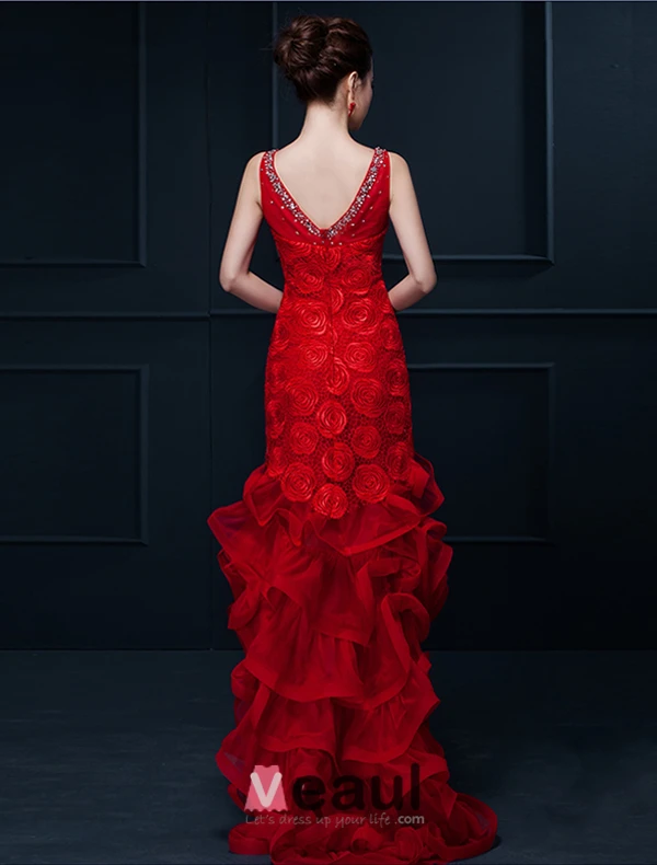 Glamorous Mermaid Red Long Evening Dress Flower Organza Party Dress With Rhinestone