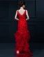 Glamorous Mermaid Red Long Evening Dress Flower Organza Party Dress With Rhinestone