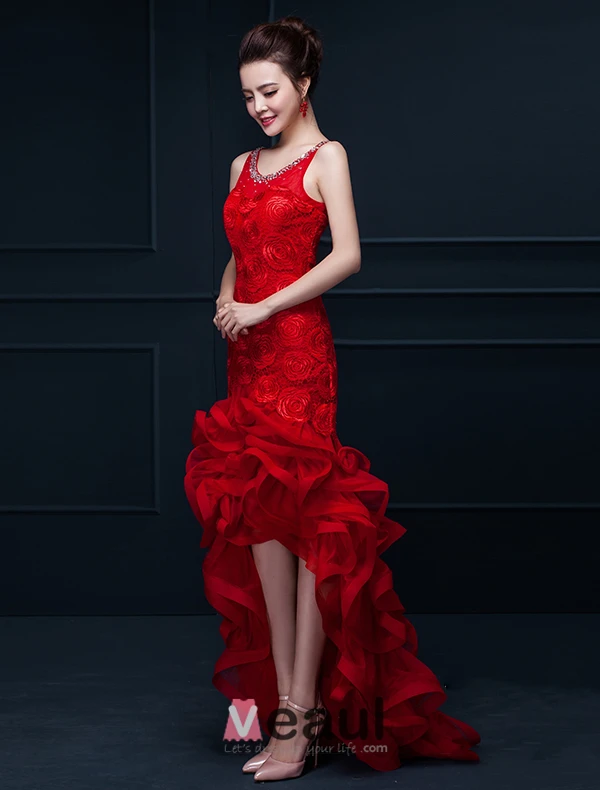 Glamorous Mermaid Red Long Evening Dress Flower Organza Party Dress With Rhinestone