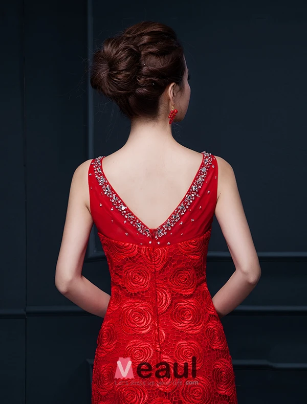 Glamorous Mermaid Red Long Evening Dress Flower Organza Party Dress With Rhinestone