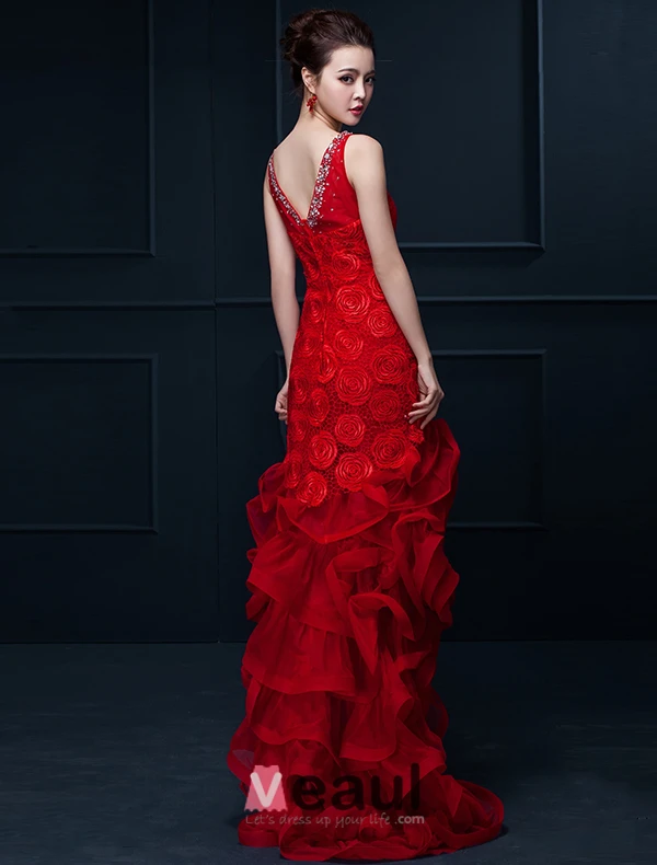 Glamorous Mermaid Red Long Evening Dress Flower Organza Party Dress With Rhinestone