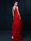 Glamorous Mermaid Red Long Evening Dress Flower Organza Party Dress With Rhinestone