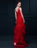Glamourösen Meerjungfrau Red Lange Abendkleider Blumen Organza Festliche Kleider Mit Strass