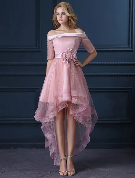 Nowy Moda Różowa Sukienki Koktajlowe Tiul Kwadratowy Dekolt Krótka Sukienki Wizytowe Z Kwiatem