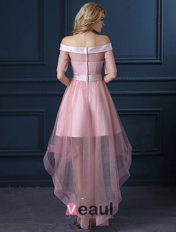 New Fashion Pearl Pink Cocktail Dress Tulle Square Neckline Prom Dress With  Flower