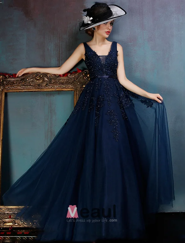 Glamorous Backless Dark Blue Prom Dress Applique Lace Party Dress With Sequins