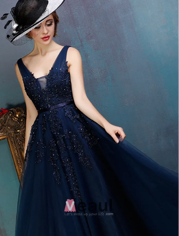 Glamorous Backless Dark Blue Prom Dress Applique Lace Party Dress With Sequins