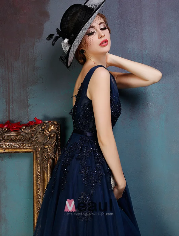 Glamorous Backless Dark Blue Prom Dress Applique Lace Party Dress With Sequins