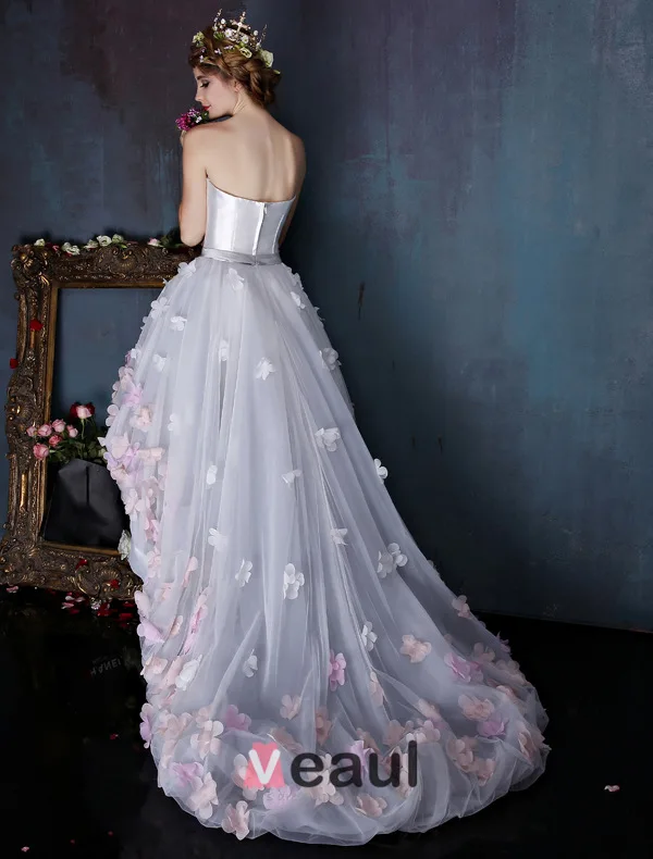 Beautiful Ivory Cocktail Dress Empire Asymmetrical Party Dress With Colorful Flowers