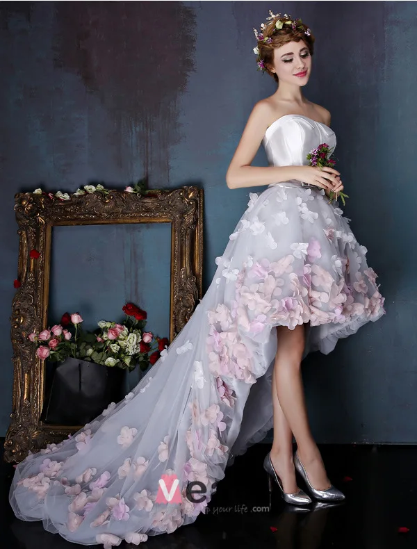 Beautiful Ivory Cocktail Dress Empire Asymmetrical Party Dress With Colorful Flowers