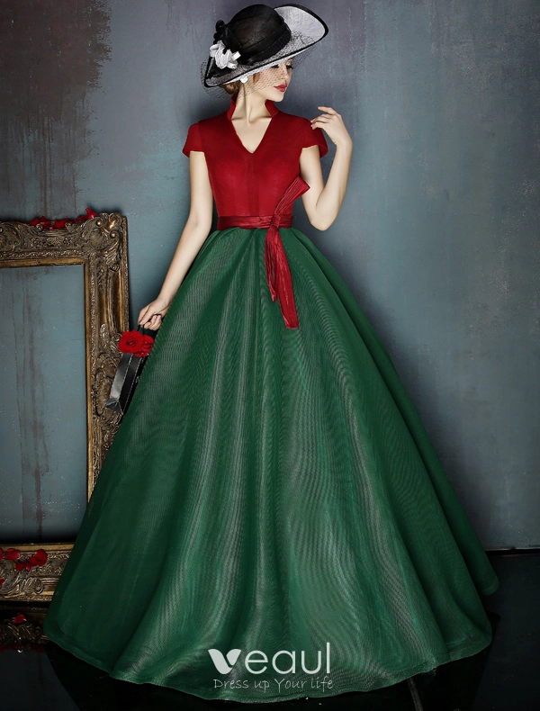 Vintage Burgundy And Dark Green Prom Dress V-neck Tulle Party Dress