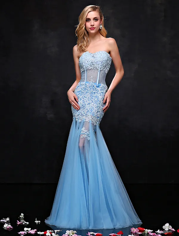 Sexy Sweetheart Sky Blue Evening Dress Applique Lace Pierced Mermaid Prom Dress