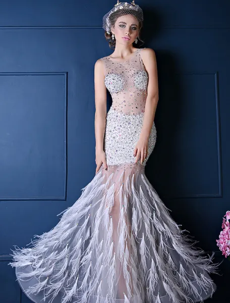 Sexy White Prom Dress Mermaid Transparent Tulle Feather Party Dress With  Sequins And Rhinestone