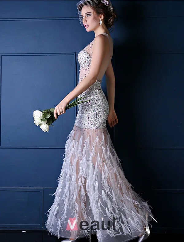 Sexy White Prom Dress Mermaid Transparent Tulle Feather Party Dress With Sequins And Rhinestone