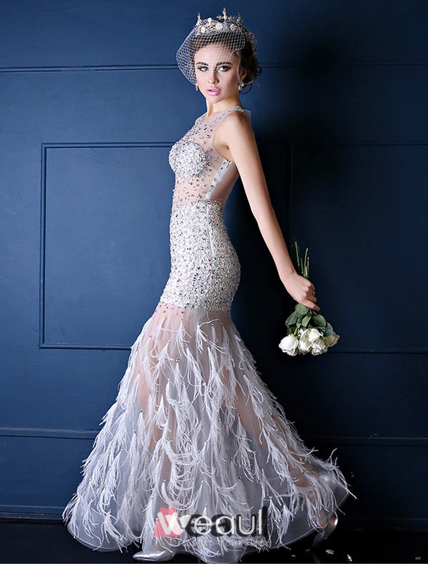 Sexy White Prom Dress Mermaid Transparent Tulle Feather Party
