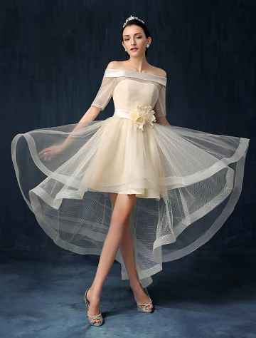 Belle Robe De Cocktail Pas Cher Champagne Au Large De La Robe De Soirée Asymétrique De L Épaule Avec Des Fleurs À Guillotine