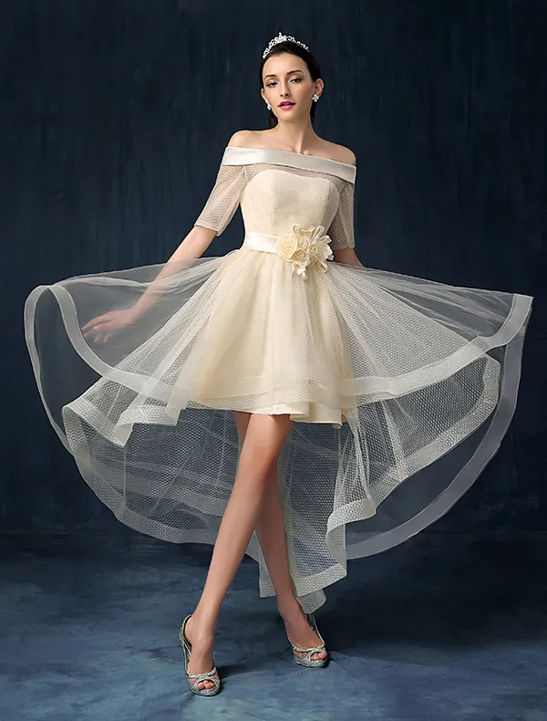 Beautiful Champagne Cocktail Dress Off The Shoulder Asymmetrical Party Dress With Sash Flowers