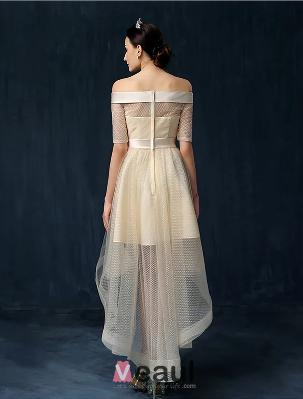 Beautiful Champagne Cocktail Dress Off The Shoulder Asymmetrical Party Dress With Sash Flowers Beautiful Champagne Cocktail Dress Off The Shoulder Asymmetrical Party Dress With Sash Flowers