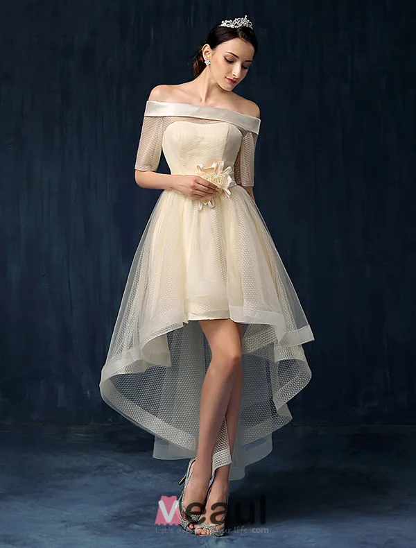 Beautiful Champagne Cocktail Dress Off The Shoulder Asymmetrical Party Dress With Sash Flowers