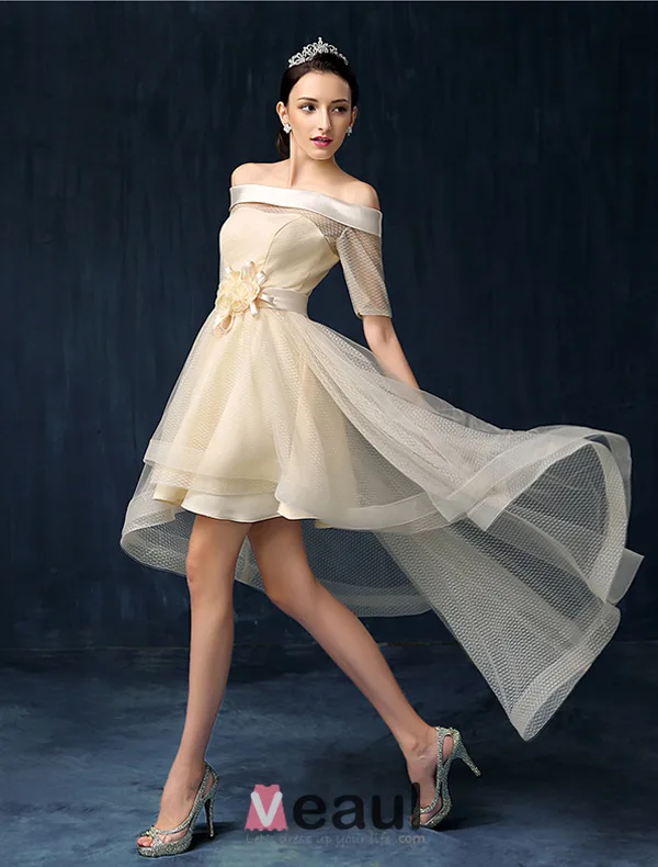 Beautiful Champagne Cocktail Dress Off The Shoulder Asymmetrical Party Dress With Sash Flowers