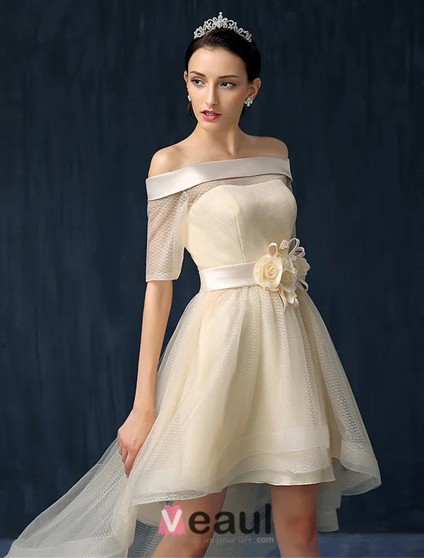 Beautiful Champagne Cocktail Dress Off The Shoulder Asymmetrical Party Dress With Sash Flowers