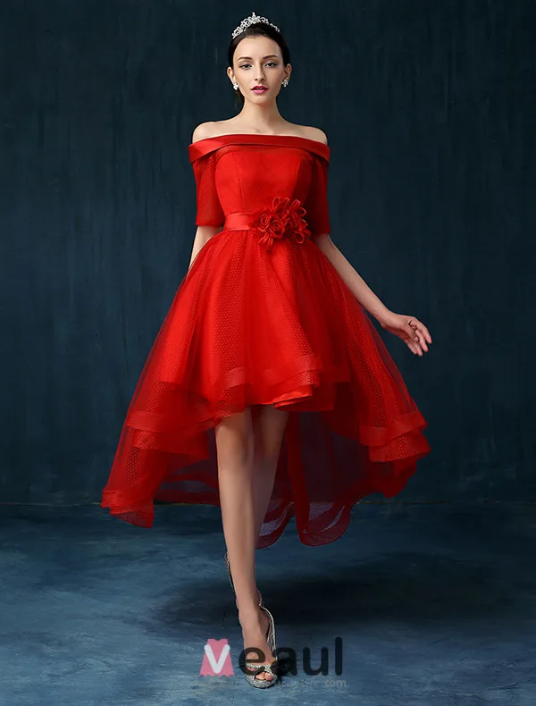 Beautiful Champagne Cocktail Dress Off The Shoulder Asymmetrical Party Dress With Sash Flowers