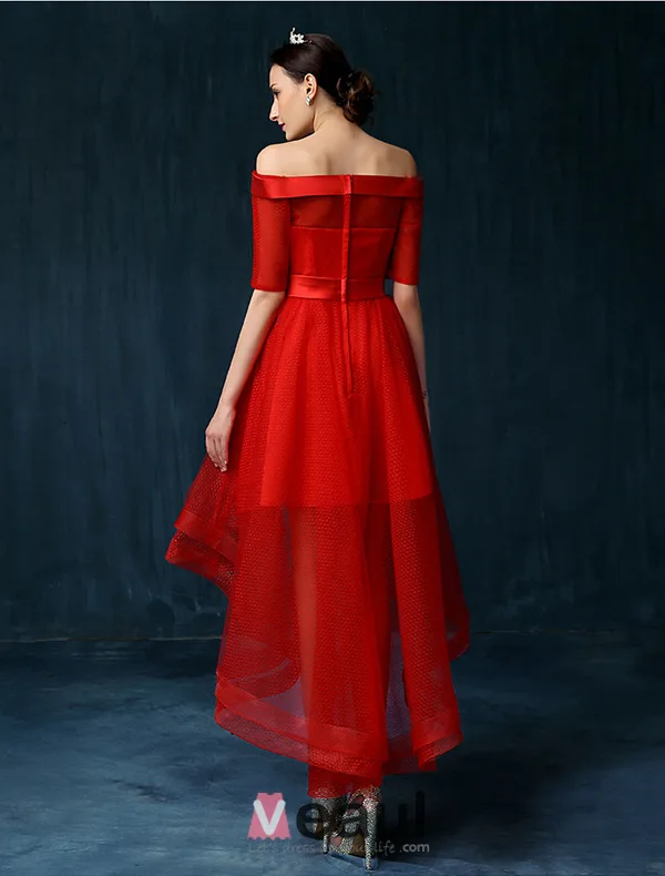 Beautiful Champagne Cocktail Dress Off The Shoulder Asymmetrical Party Dress With Sash Flowers